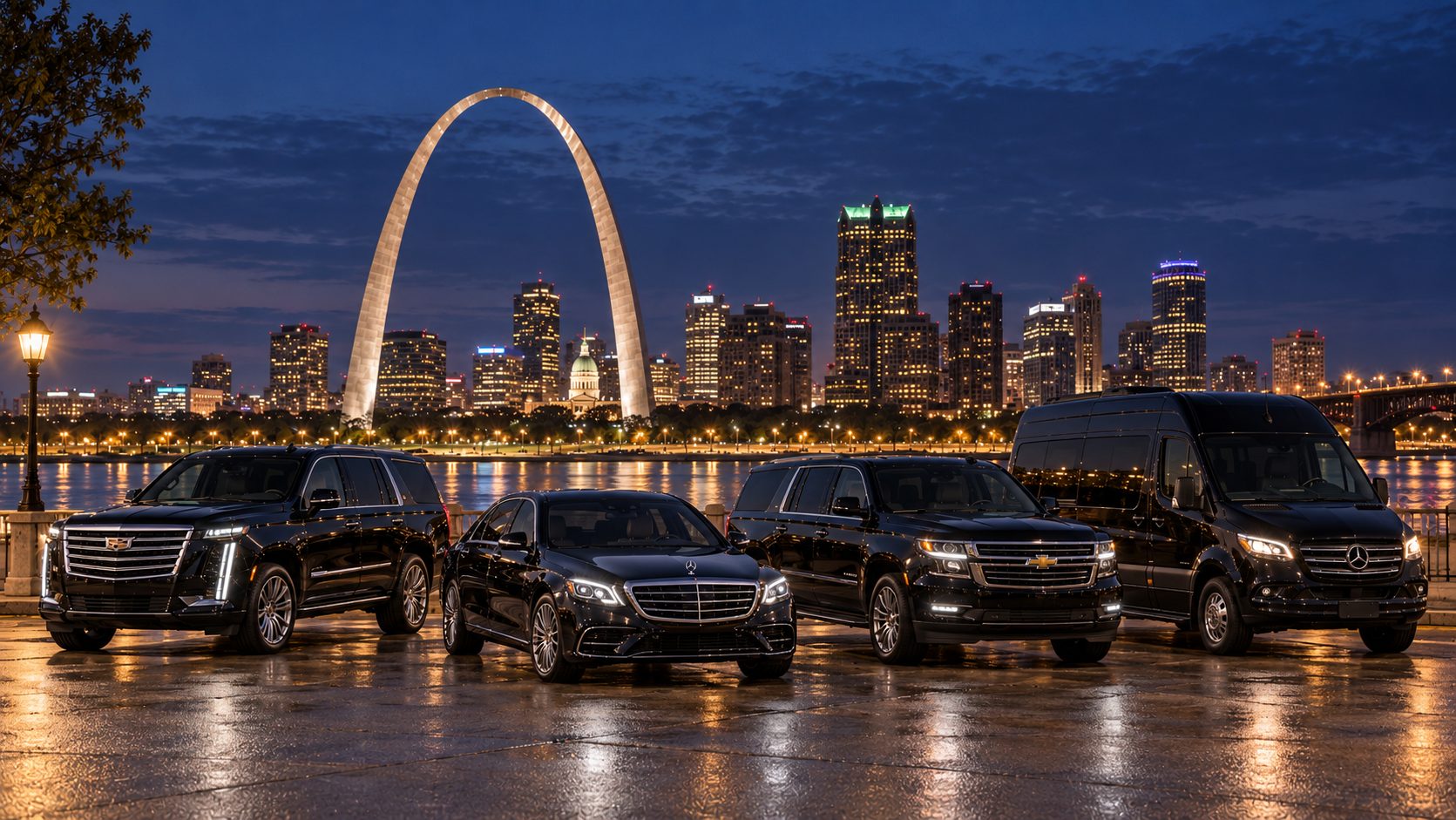 Driver 1 luxury fleet parked along the riverfront with the Gateway Arch and St. Louis skyline at night